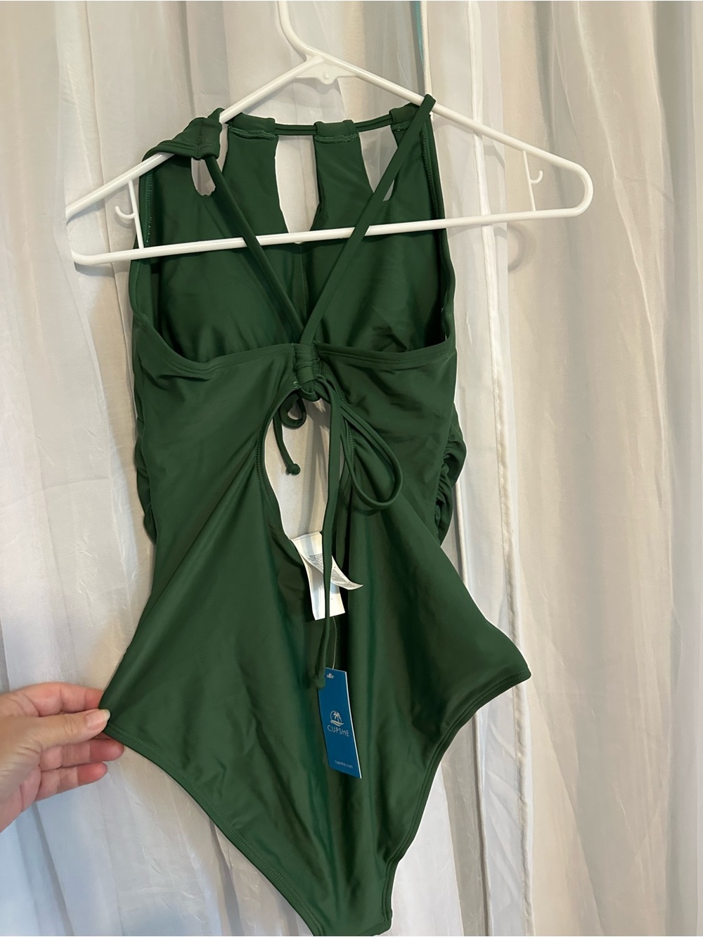 Cupshe Dark Green One-Piece Swimsuit w/High Cut Out Neck and Rusched Sides - Picture 5 of 6